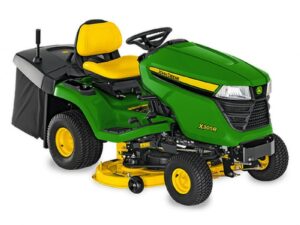 Tondeuse autoportée John Deere X350R avec bac 300 L, largeur de coupe 107 cm, idéale pour pelouses de taille moyenne à grande.